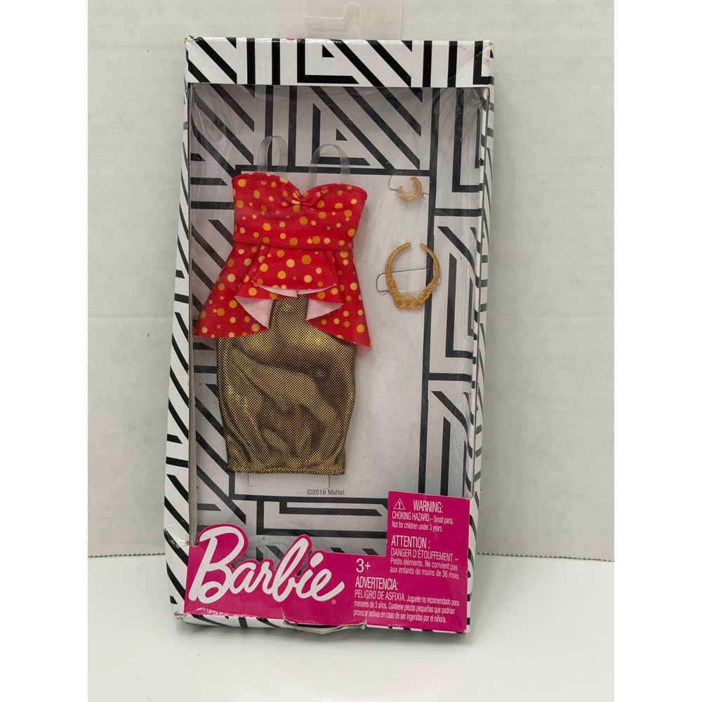 Barbie Fashion Pack Red Polka Dot Peplum Top Gold Metallic Skirt GHW81 Mattel